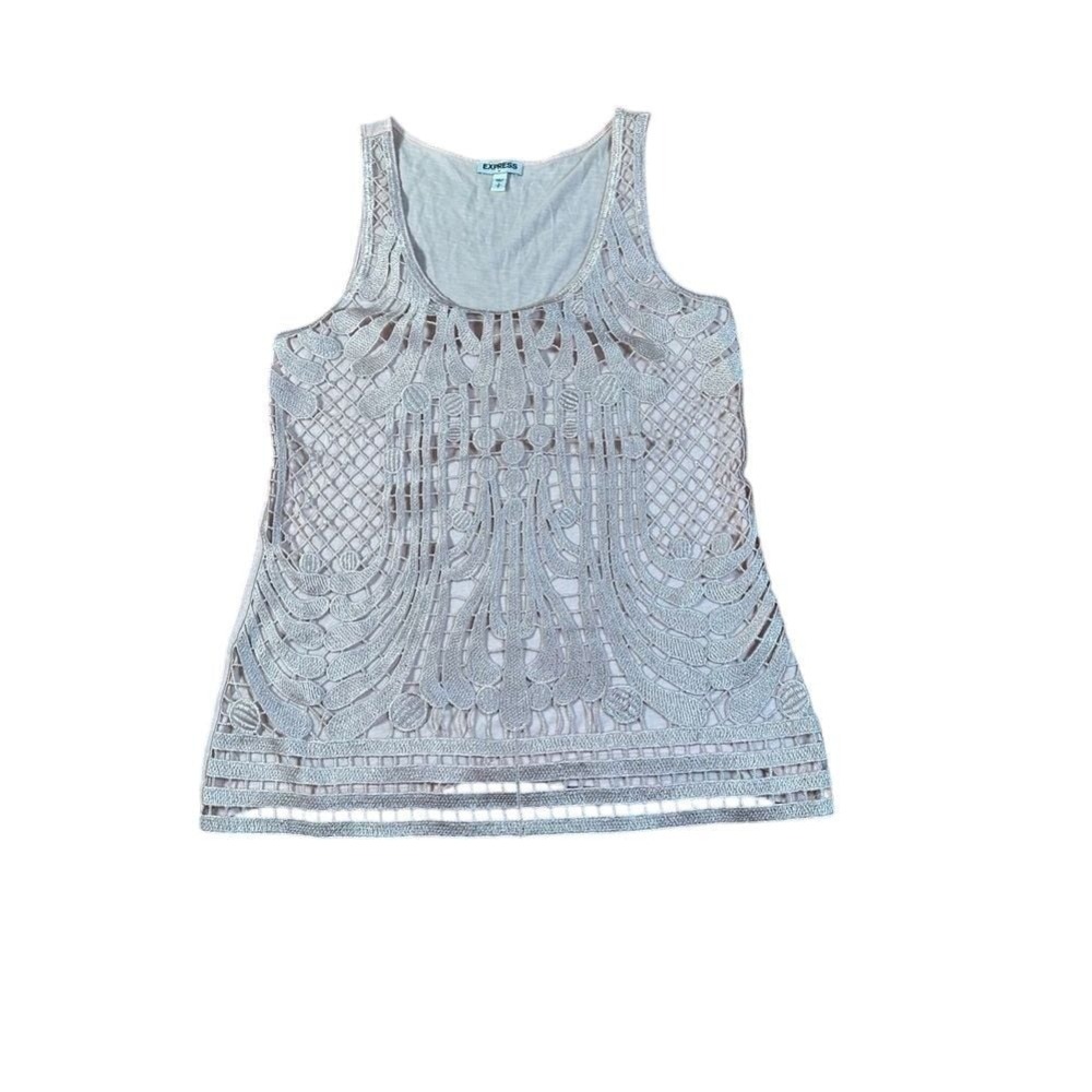 Express Elegant Lace Overlay Tank Top with Art Deco Pattern Gray Small